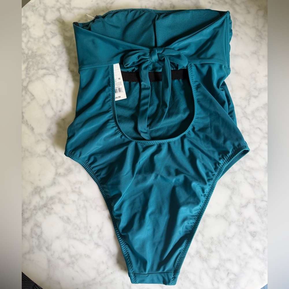 Shade & Shore Teal Strapless One-Piece Swimsuit Back Cutout Bow NWT Size Large - Picture 3 of 8